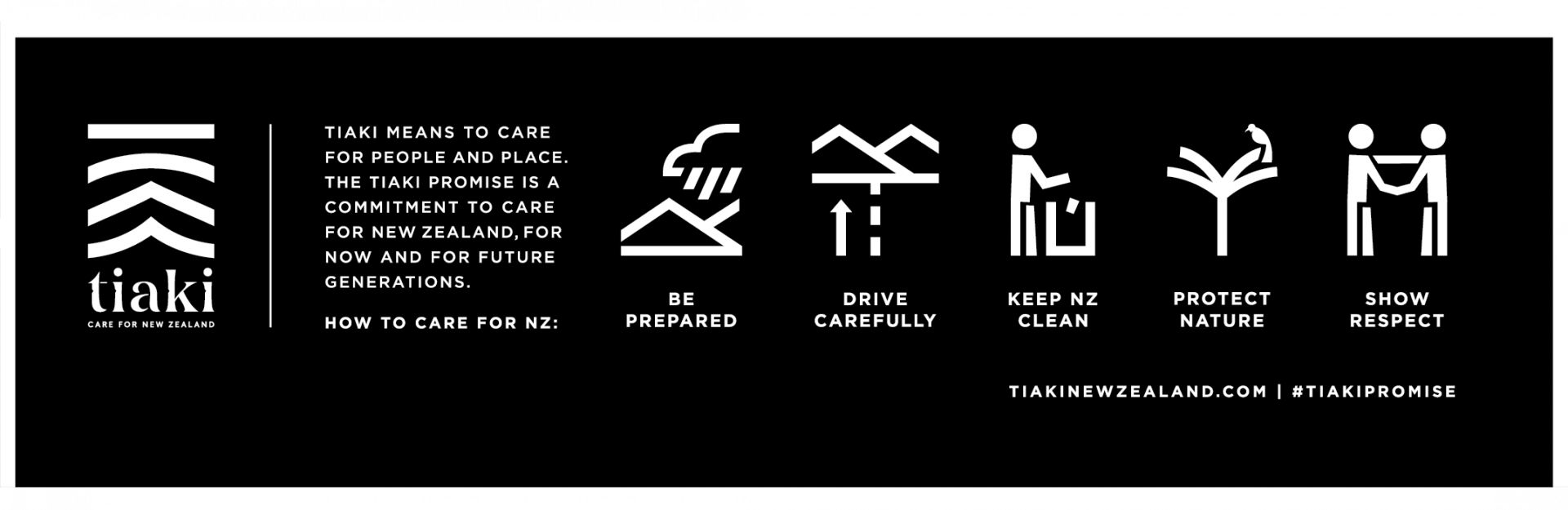 The Tiaki Promise is a set of principles to help visitors conserve and protect our land when visiting Aotearoa New Zealand